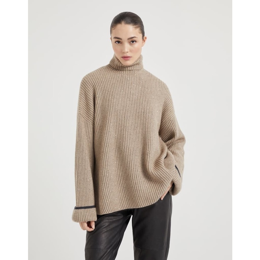 Brunello Cucinelli Womens Beige Ribbed Turtleneck Sweater