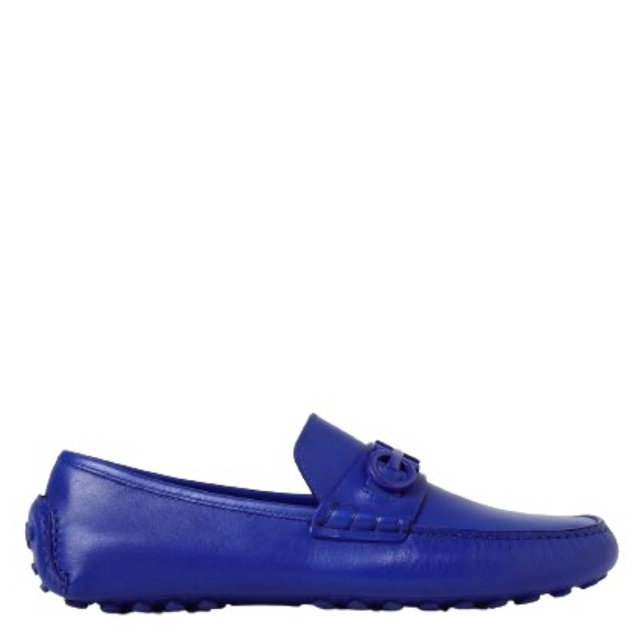 Ferragamo Mens Blue Grazioso Leather Gancini Ornament Moccasins
