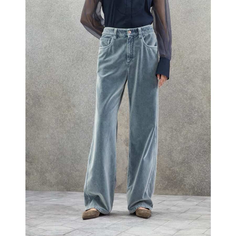 Brunello Cucinelli Women's Velvet Denim Wide Leg Cotton Trousers