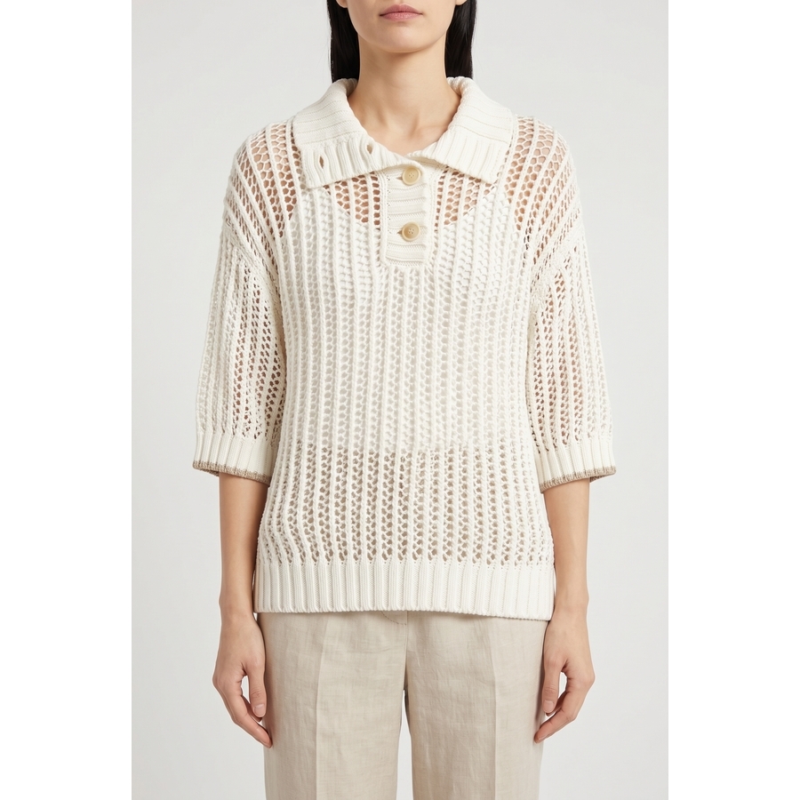 Brunello Cucinelli Wooff White Open Knit Sweater