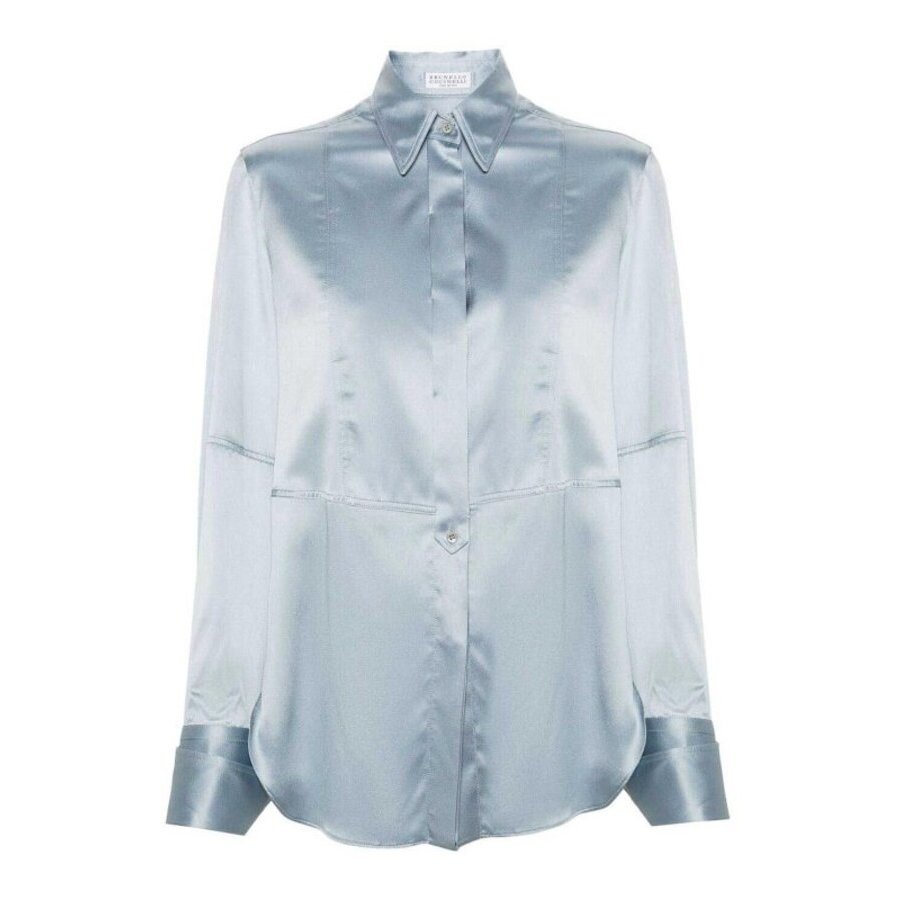 Brunello Cucinelli Silk Satin Light Blue Shirt