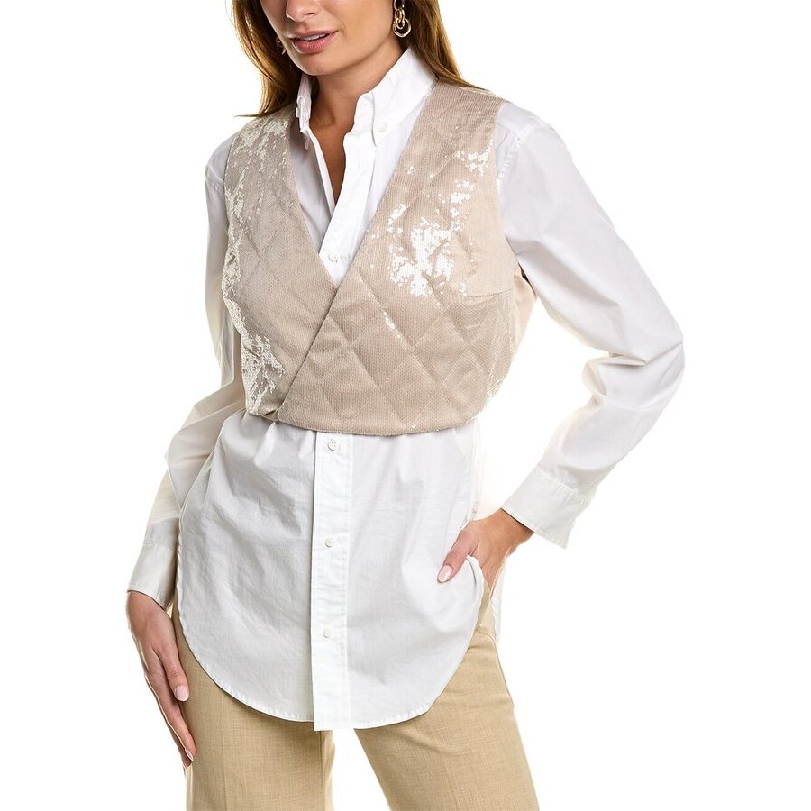 Brunello Cucinelli Women'S White Button-Up Shirt With Vest Overlay
