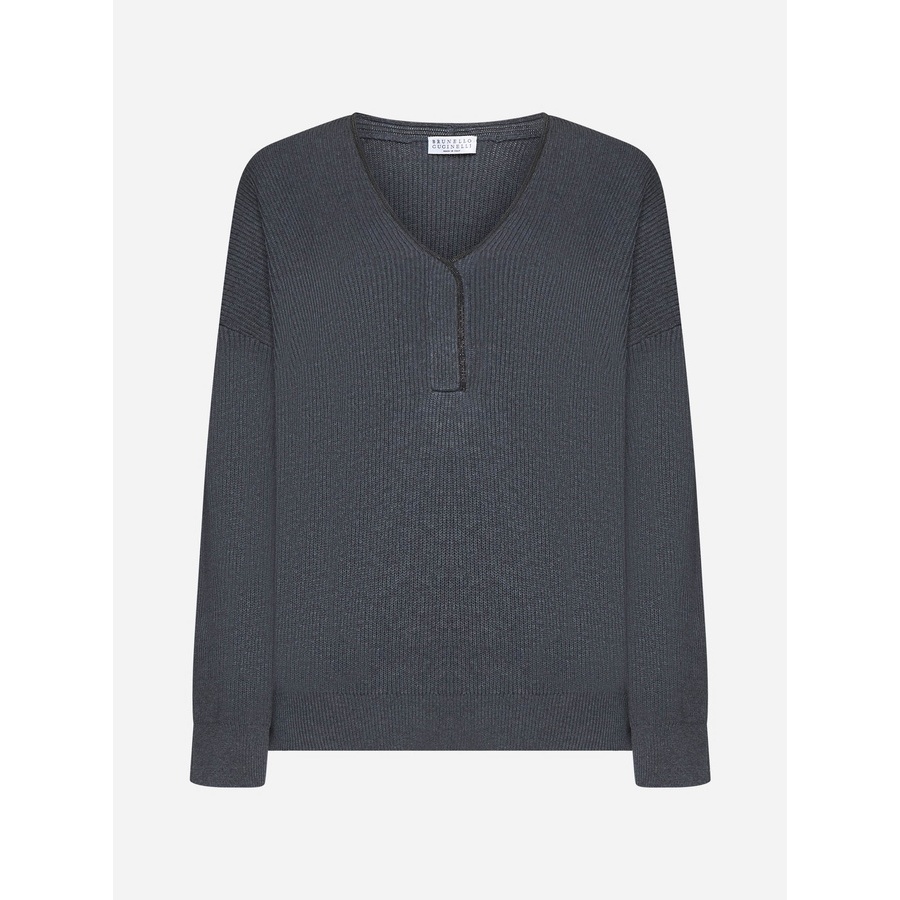 Brunello Cucinelli Women's Lead Ribbed Knit V Neck Sweater