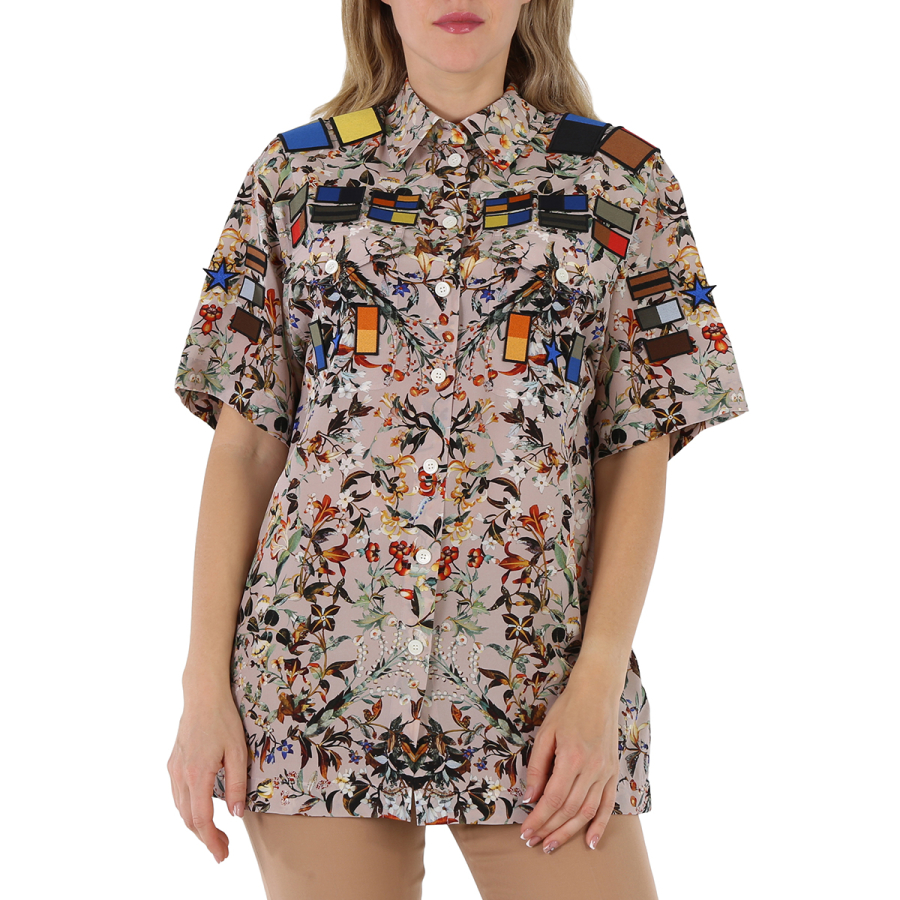 Burberry Badge Appliques Iris Floral-Print Silk Crepe De Chine Oversized Shirt