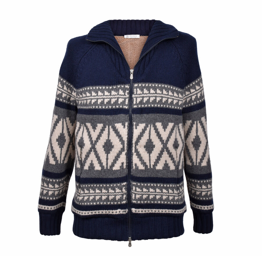 Brunello Cucinelli Mens Navy Blue Wool Knit Zip Front Jacket