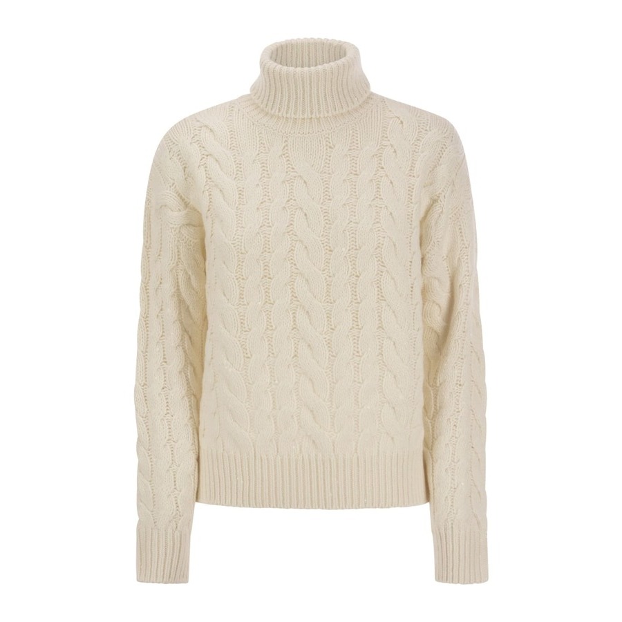 Brunello Cucinelli Ivory Cable Knit Turtleneck Sweater