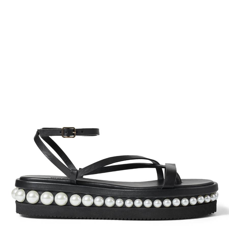 Jimmy Choo Pine Flat Pearl Embellished Leather Sandals, Brand Size 34 ( US Size 4 )