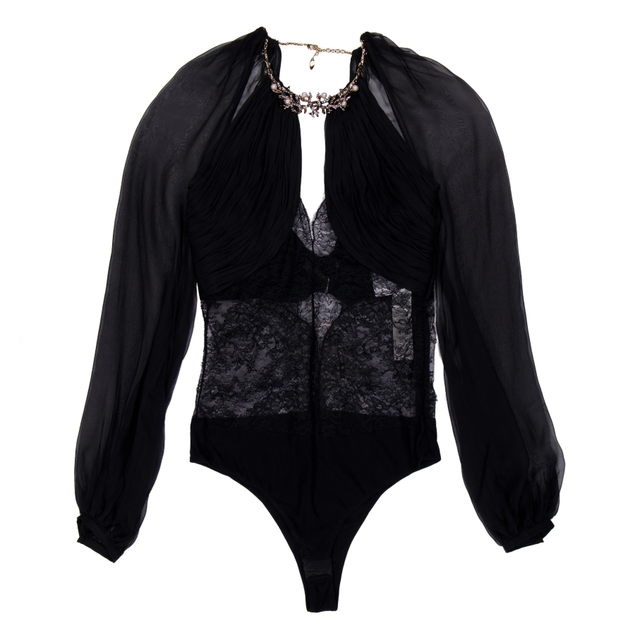Roberto Cavalli Black Silk Sheer-Sleeve Bodysuit, Brand Size 38 ( US Size 4 )