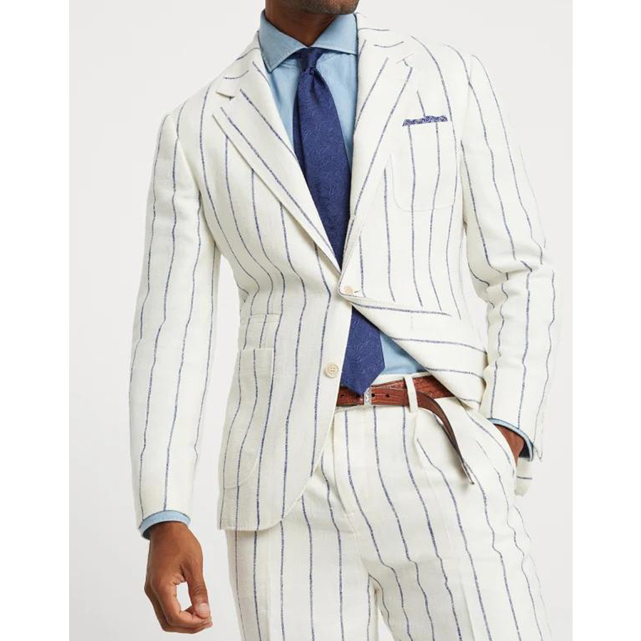 Brunello Cucinelli White Linen Wool Striped Blazer