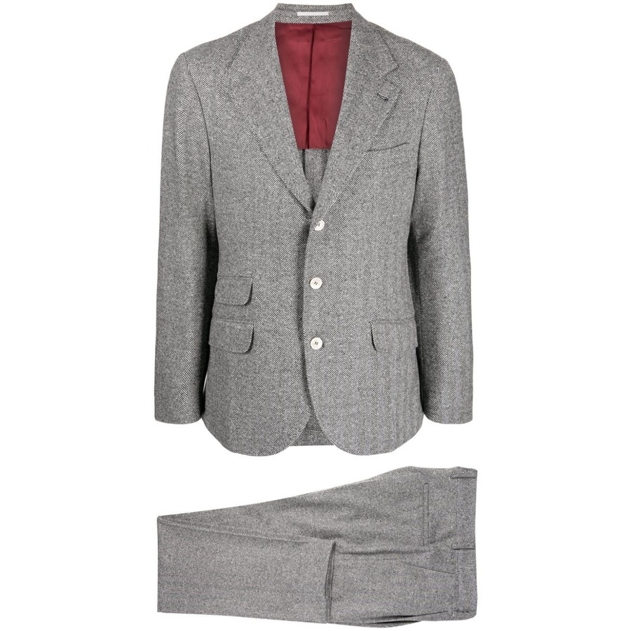 Brunello Cucinelli Medium Grey Herringbone Suit