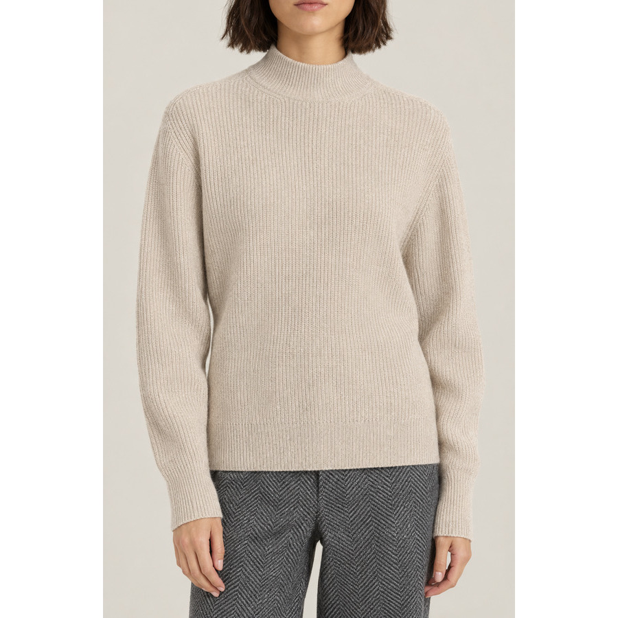 Brunello Cucinelli Women's Light Brown Wool Ribbed Mock Neck Sweater