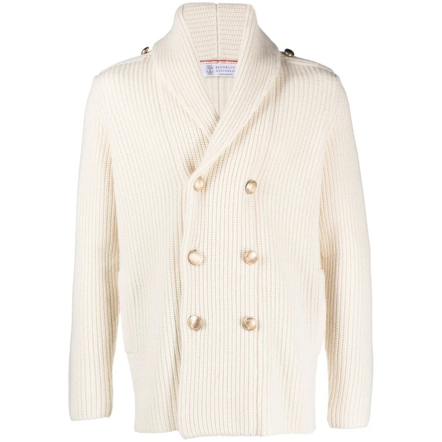 Brunello Cucinelli Double-Breasted Wool-Silk Blend Sweater — Cream