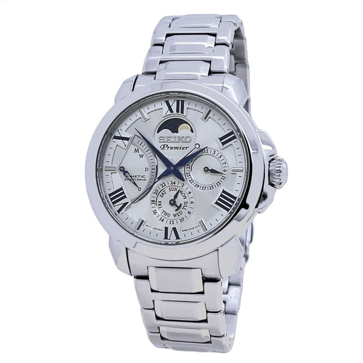 Seiko Premier Kinetic Moon Phase GMT Silver Dial Mens Watch SRX015