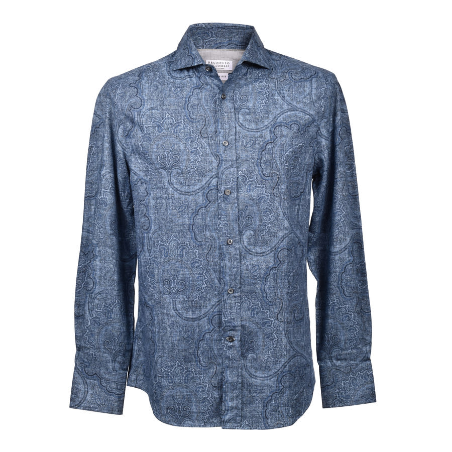 Brunello Cucinelli Men'S Blue Paisley Denim-Style Shirt