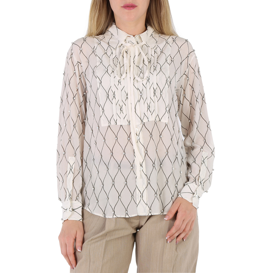 Burberry Net Print Crystal Detail Tie-neck Silk Shirt, Brand Size 6 (US Size 4)