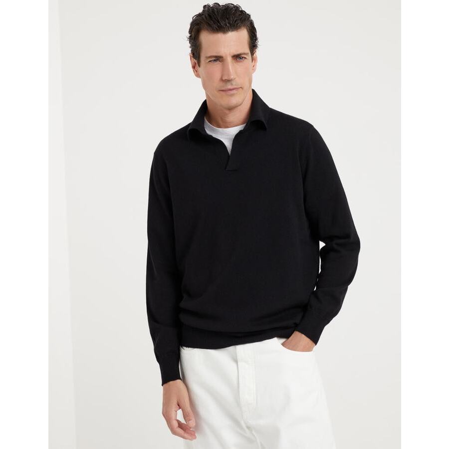 Brunello Cucinelli Mens Black Wool Polo Collar Sweater