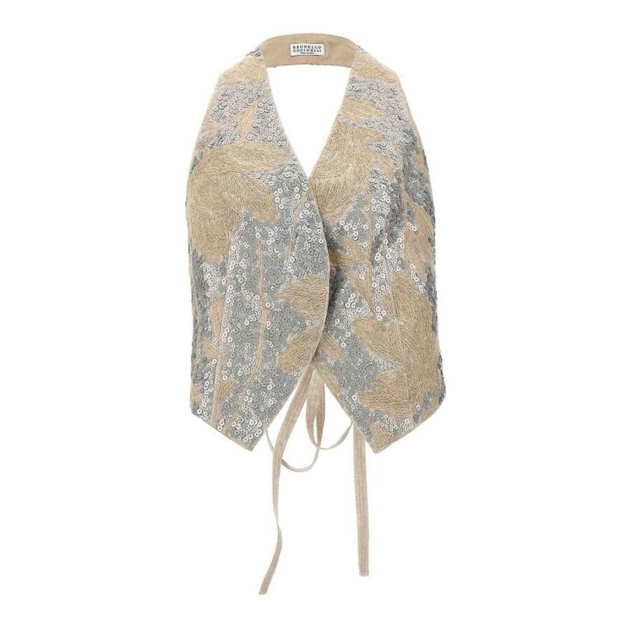 Brunello Cucinelli Beige Embroidered Linen Vest