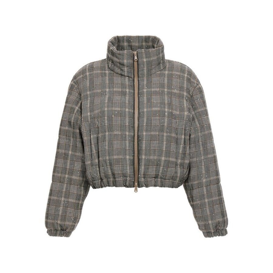 Brunello Cucinelli Womens Beige Black Brown Checked Wool Blend Jacket