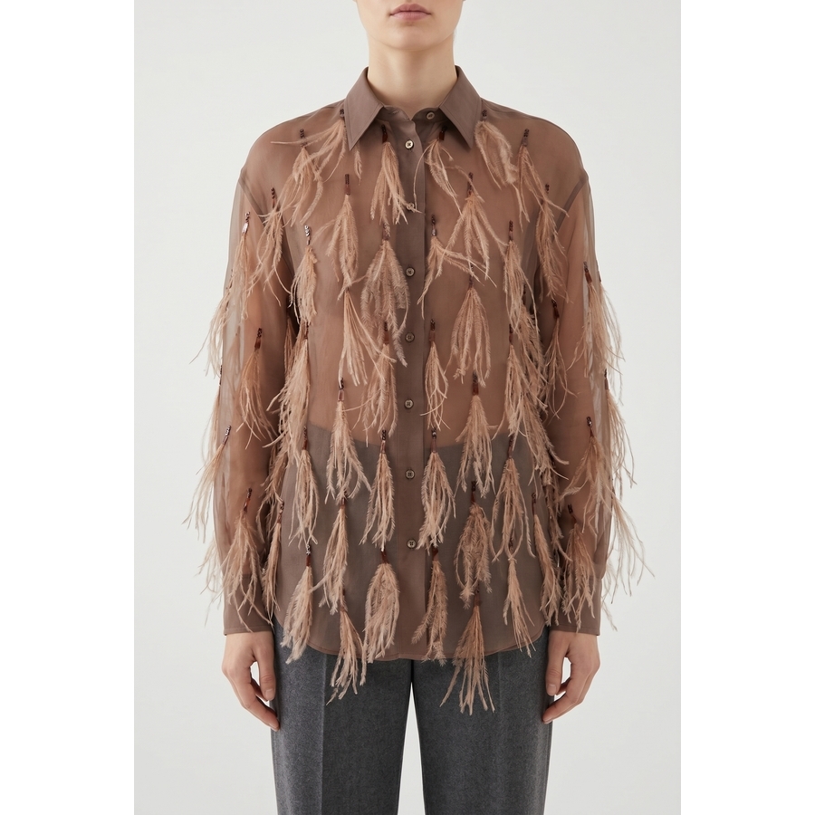 Brunello Cucinelli Wobrown Silk Feathered Shirt