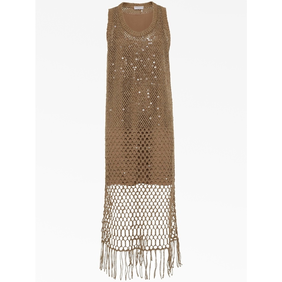 Brunello Cucinelli Wofango Silk Linen Crochet Dress With Fringe