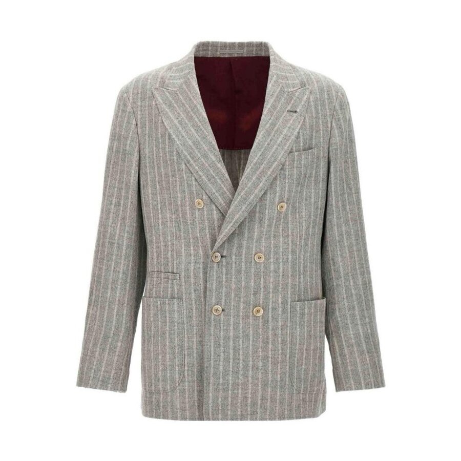 Brunello Cucinelli Gray Striped Double-Breasted Blazer