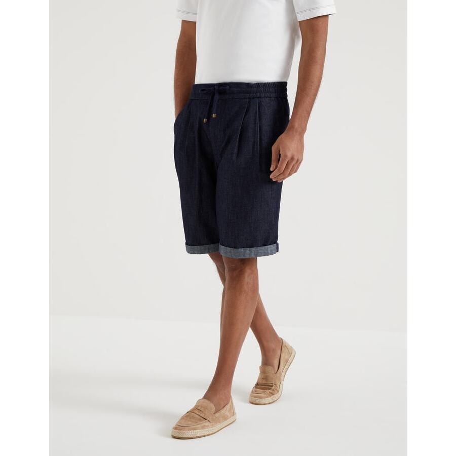 Brunello Cucinelli Men's Blue Denim Pleated Shorts