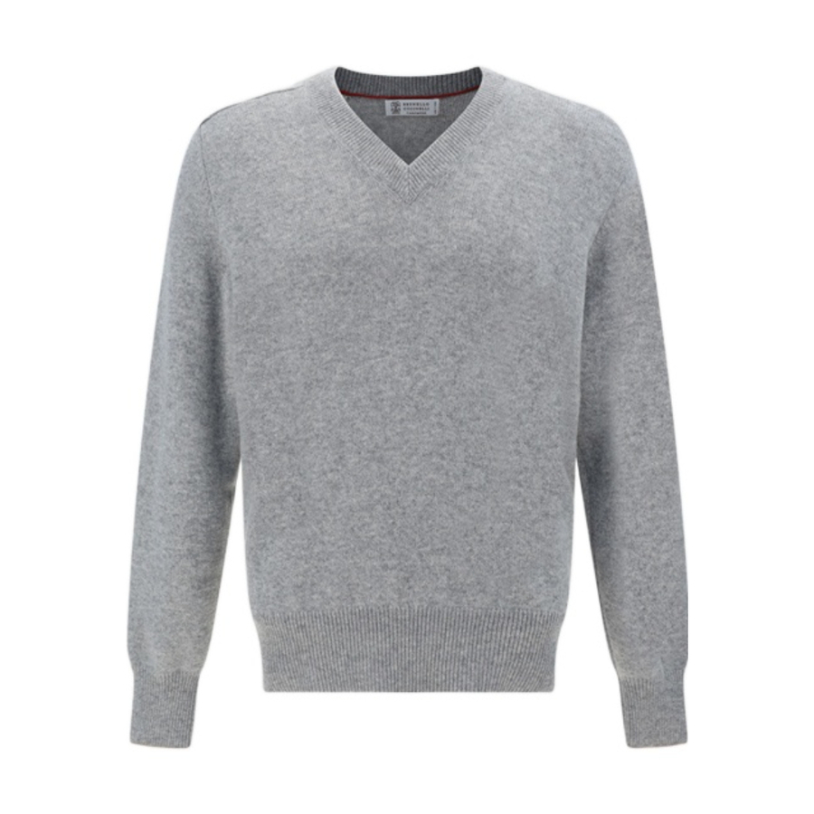 Brunello Cucinelli Light Grey Cashmere V-Neck Sweater