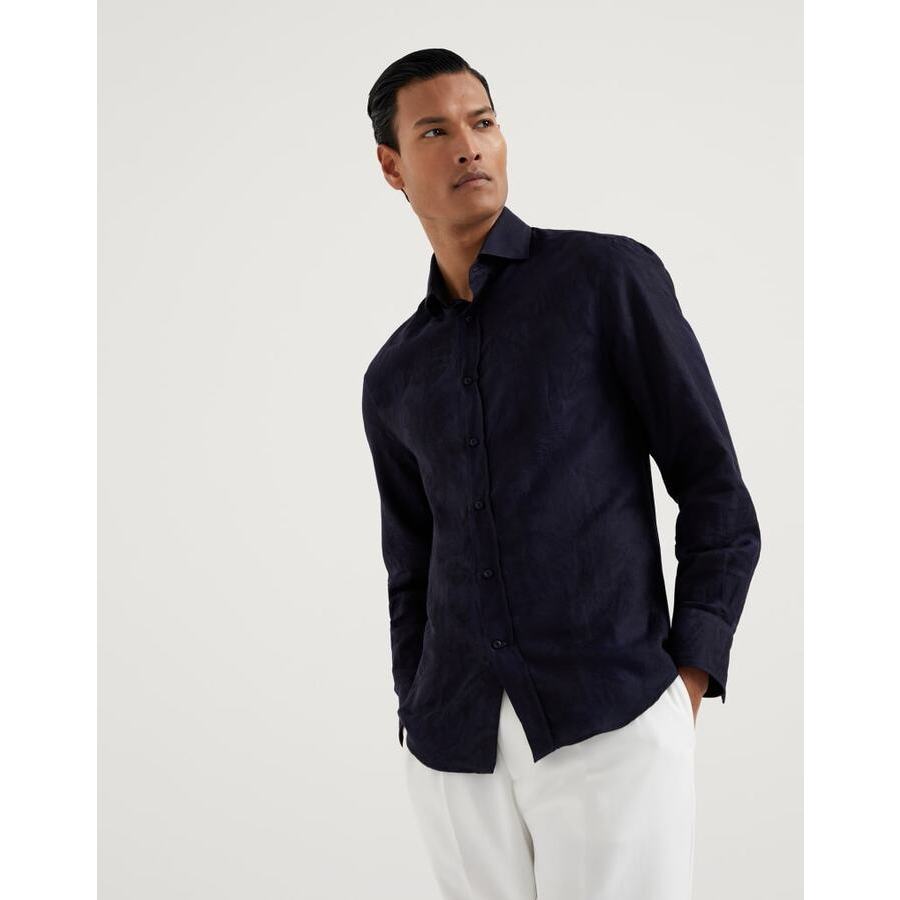 Brunello Cucinelli Men's Navy Cotton Linen Jacquard Shirt