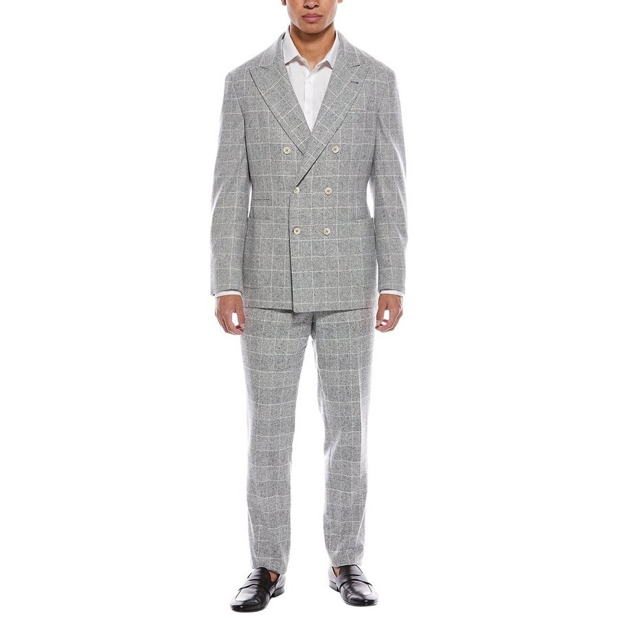 Brunello Cucinelli Gray Double-Breasted Checkered Suit