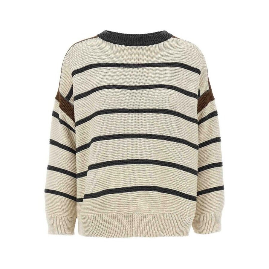 Brunello Cucinelli Women's Beige Striped Cotton Sweater