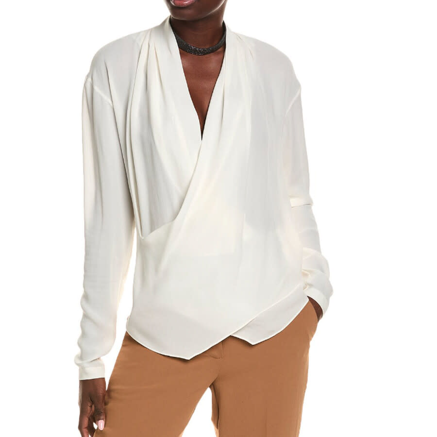 Brunello Cucinelli Womens Natural Silk Draped Long Sleeve Shirt