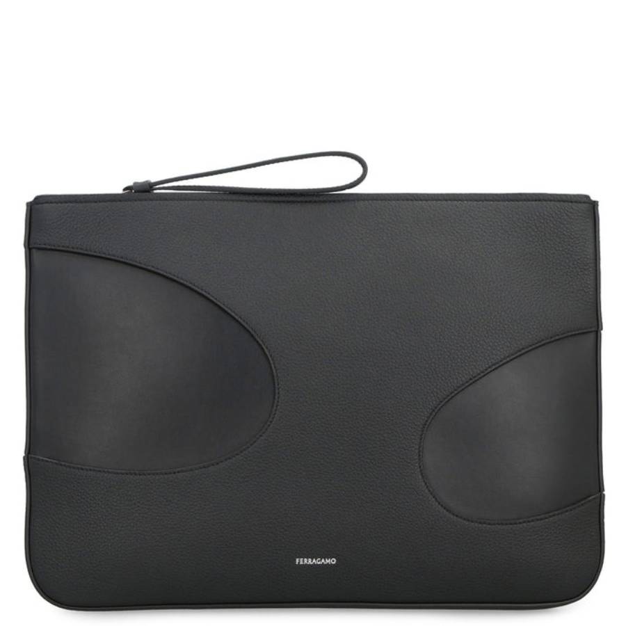 Ferragamo Black Leather Zip Pouch