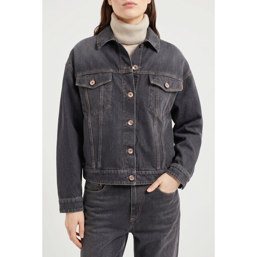 Brunello Cucinelli Black Denim Boxy Jacket, Brand Size 42 (US Size 8)