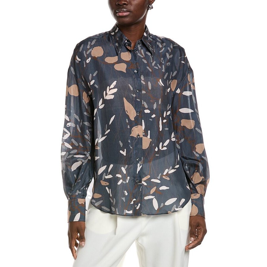 Brunello Cucinelli Women's Navy Floral Button-Up Shirt