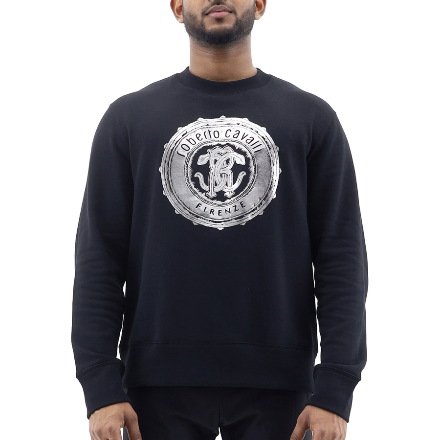 Roberto Cavalli Mens Black Foil Logo Print Sweatshirt