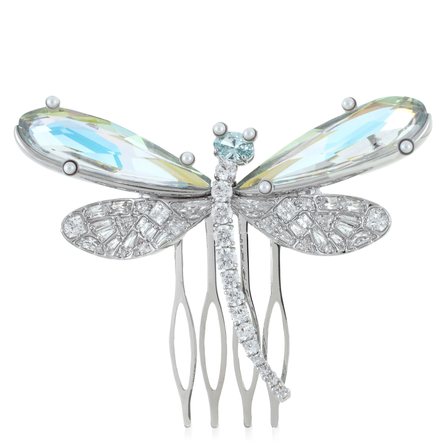 Ariana Grande x Swarovski brooch and hair accessory, Crystal Pearl, Mixed cuts, Dragonfly, White, Rhodium plated