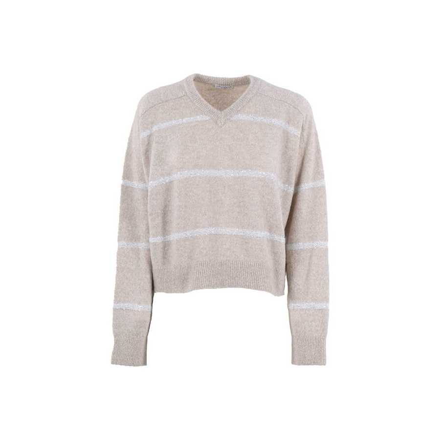 Brunello Cucinelli Women's Oyster Wool Blend V Neck Sweater