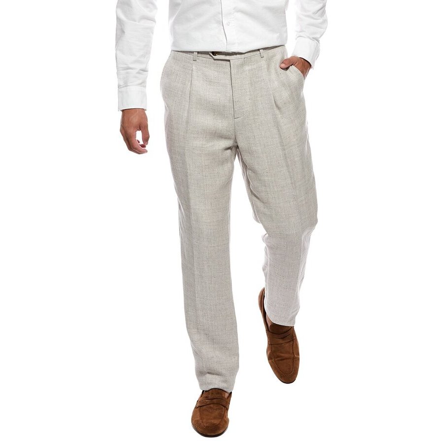 Brunello Cucinelli Beige Linen Wool Tailored Trousers