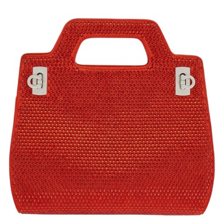 Ferragamo Crystal-Embellished Suede Top Handle Bag — Red