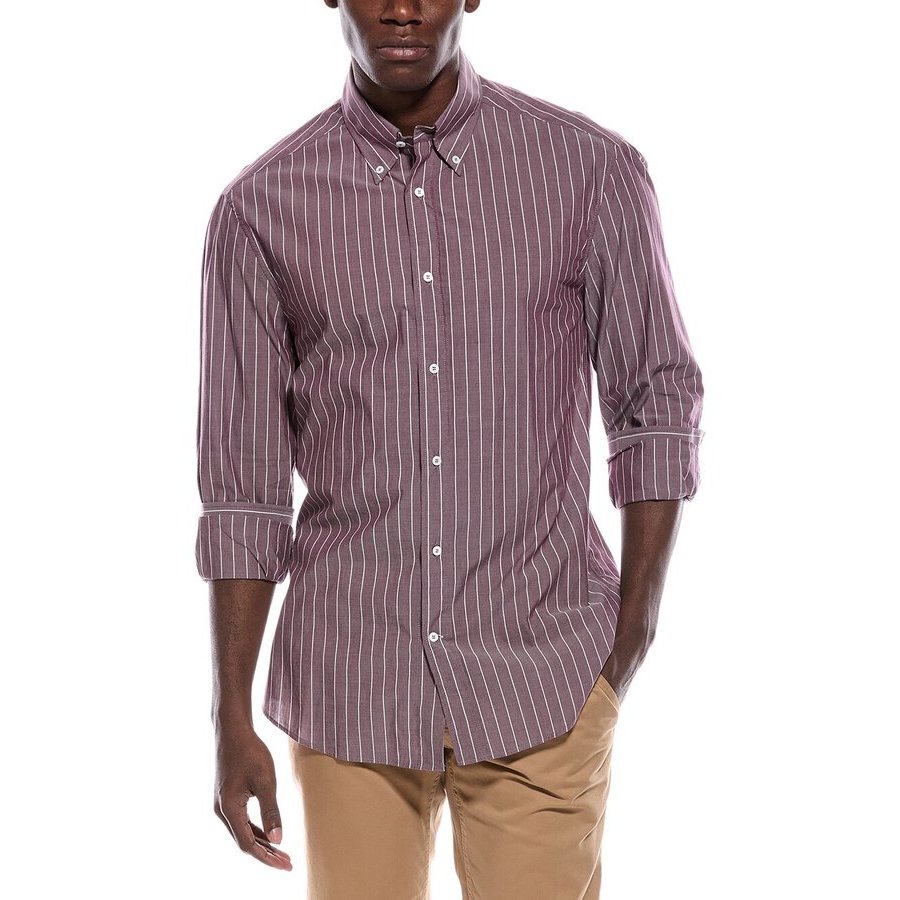 Brunello Cucinelli Mens Purple Striped Cotton Shirt
