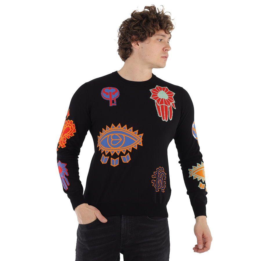 Roberto Cavalli Mens Black / Multicolor Bandana Symbol Instarsia Sweater