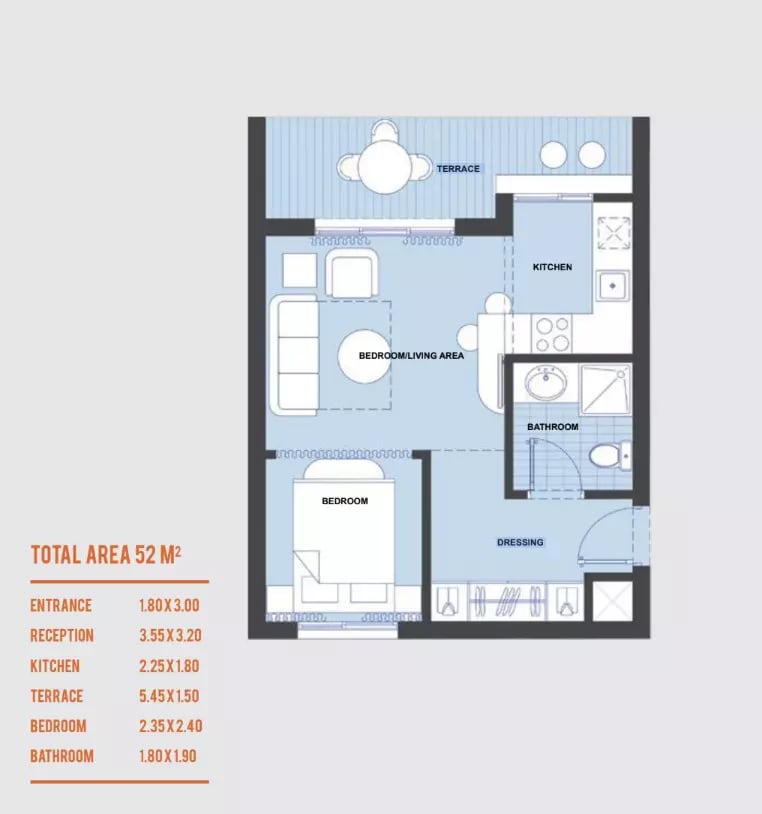 1-bedroom Apartment floor plan at La Hacienda