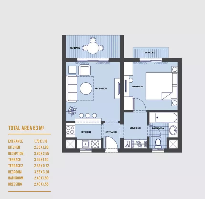 1-bedroom Apartment floor plan at La Hacienda
