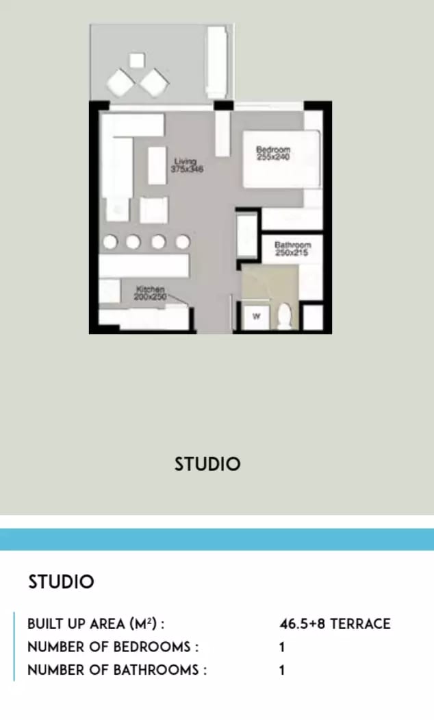 Studio floor plan at Almaza Bay