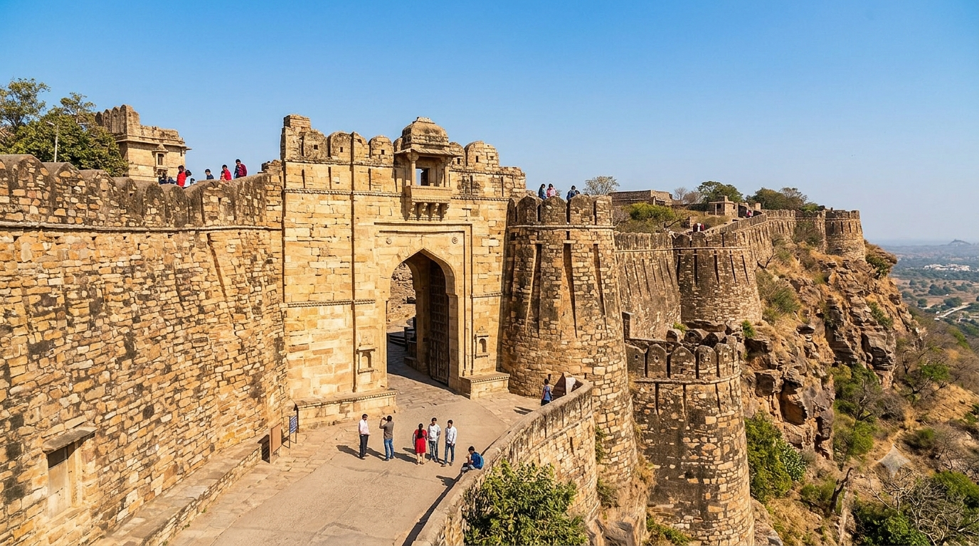 Stone gateway and ramparts on the climb into Chittorgarh Fort.