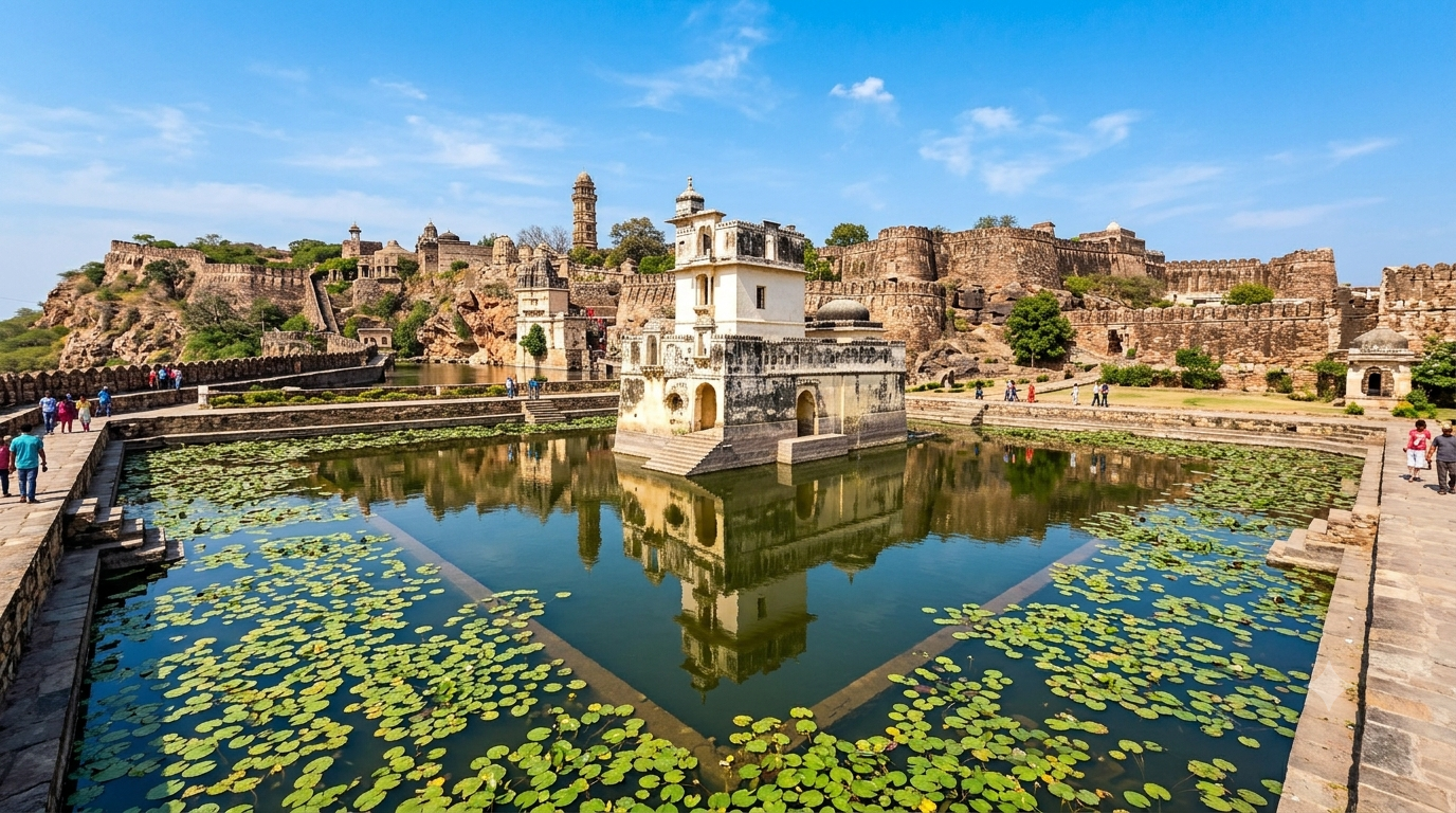 Padmini Palace with its surrounding water moat inside Chittorgarh Fort.