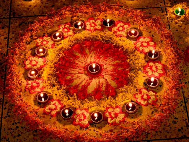 Colourful traditional rangoli decoration at an Indian festive celebration