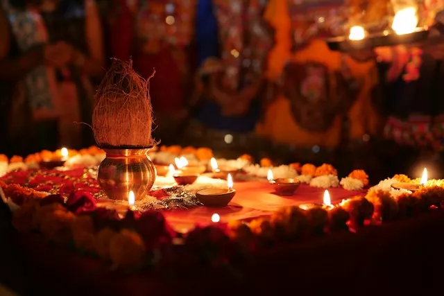 Traditional diya lit during Hindu puja rituals for Dussehra in India