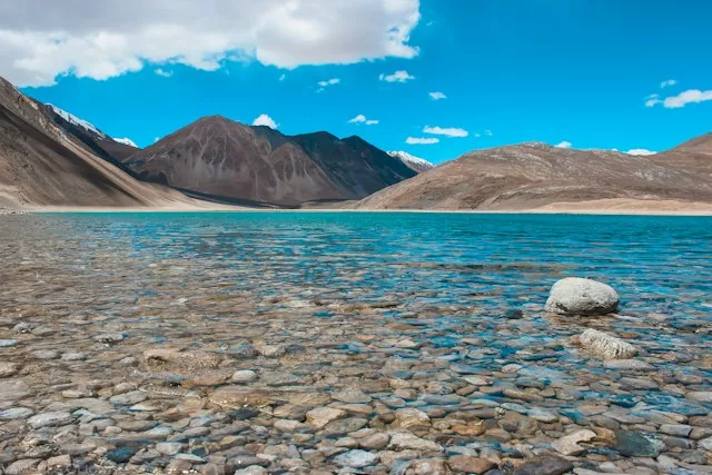 Pangong Lake in Ladakh surrounded by barren Himalayan mountains