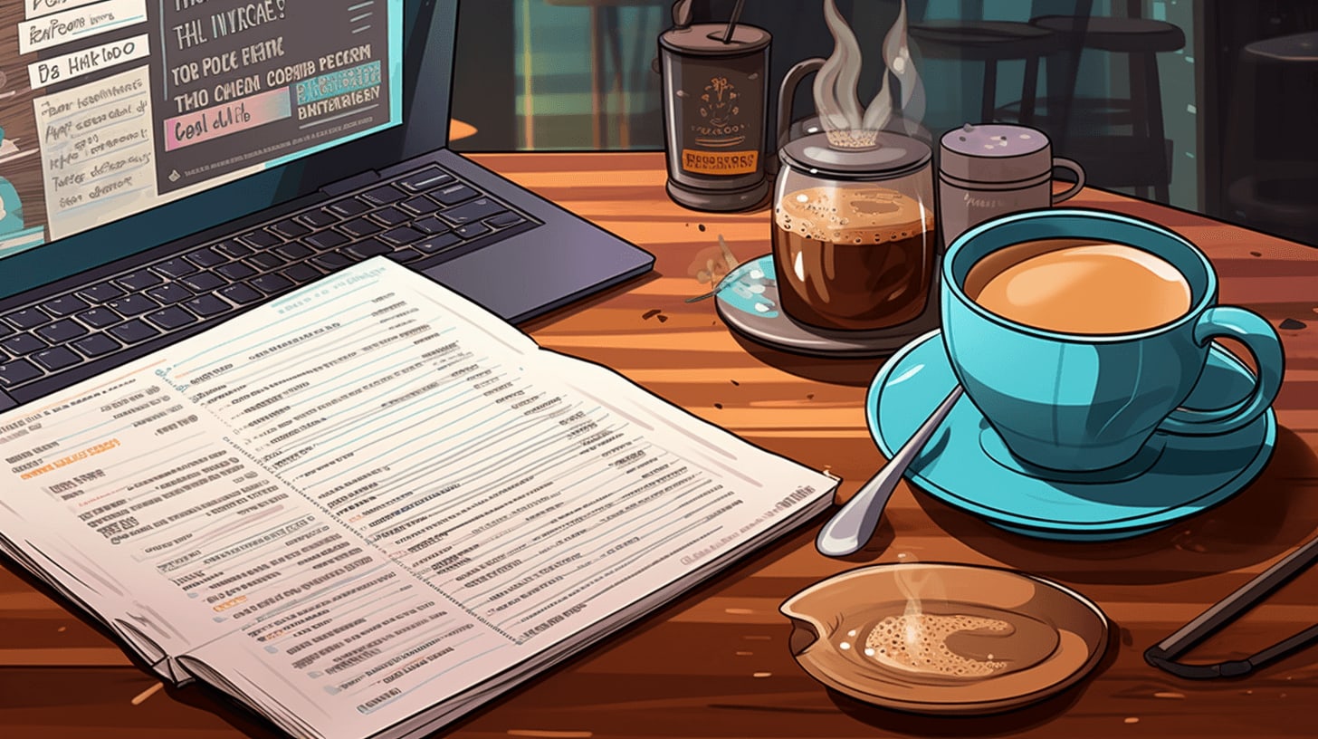 Une table avec un livre et une tasse de café  et un laptop.